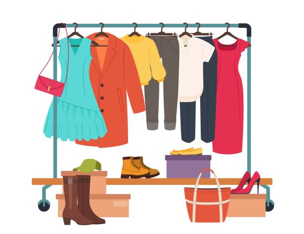 ilustrações de stock, clip art, desenhos animados e ícones de clothes hanging on rack, garment rail with casual women clothing. fashion girl wardrobe, female clothes on hangers vector illustration - gondola