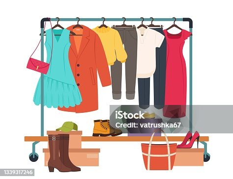 istock Clothes hanging on rack, garment rail with casual women clothing. Fashion girl wardrobe, female clothes on hangers vector illustration 1339317246