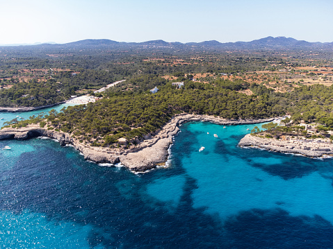 Aerial view of the Parc natural de Mondragó in Palma de Mallorca Island. Turquoise sea water.