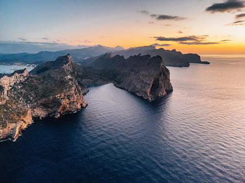 Aerial view of Cap de Formentor at sunset, Palma de Mallorca Island. Balearic Islands.