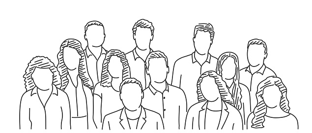 Large group of people. Teamwork concept. Hand drawn vector illustration. Black and white.