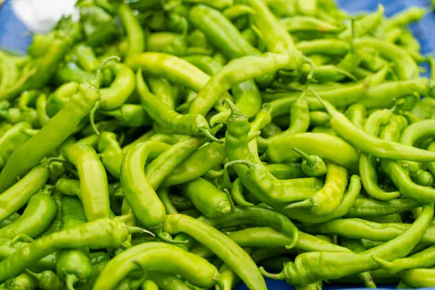 Mix of green chili peppers, capi color assortment on vegetable market