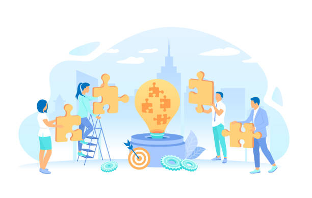 ilustrações de stock, clip art, desenhos animados e ícones de people put puzzles into a big light bulb. social innovation, idea, strategy, technology. working process, teamwork communication. vector illustration flat style. - light bulb replace lighting equipment changing form