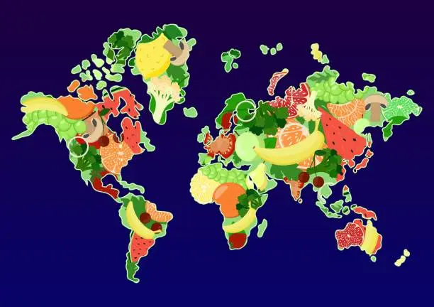 Vector illustration of World map with fruits and vegetables. World Vegetarian Day. October 1. Vector illustration