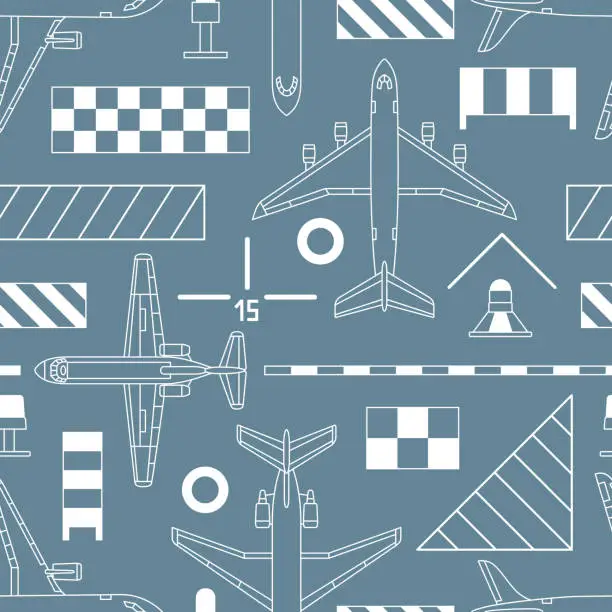 Vector illustration of seamless pattern with airplanes and aerodrome signs on gray background