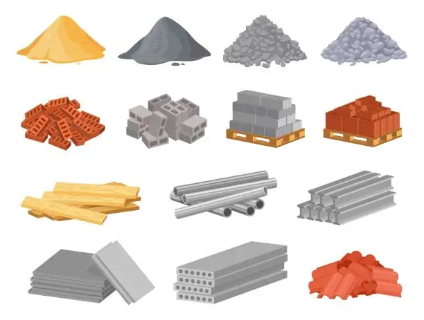 Vector illustration of Cartoon construction building materials, sand and gravel pile. Brick stacks, metal pipes, cement. Building supplies for renovation vector set