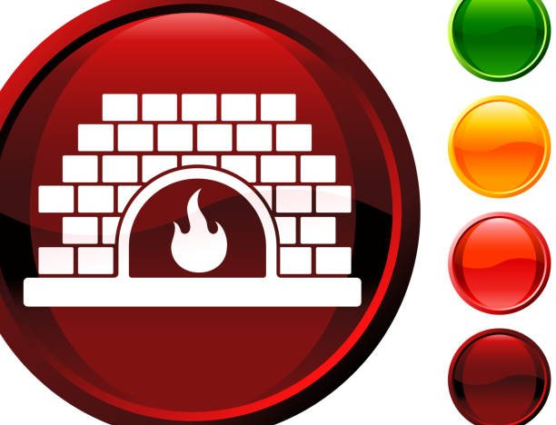 glänzende rotes, rundes symbol mit kamin bild in weiß. - brick oven stock-grafiken, -clipart, -cartoons und -symbole