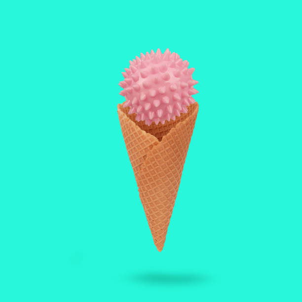 istock Ice cream cone with spiny virus ball on trendy green turquoise background 1339333656