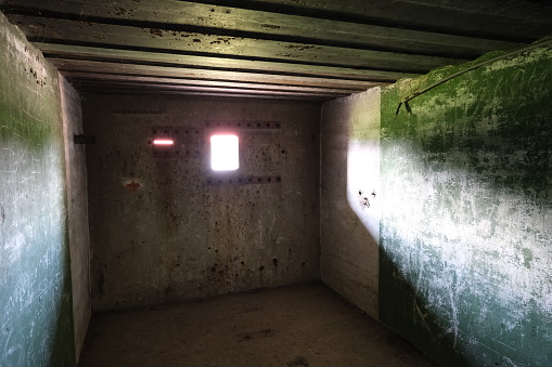 Martiany, Poland - July 19, 2021: A well preserved German bunker type Regelbau 105b. Strategic defence line place close to the Wolf's Lair. Warmian-Masurian Voivodeship