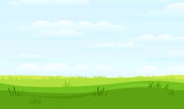 Vector illustration of Silhouette of the grass. Seamless image. Summer green meadow. Rural simple and cute landscape. Blue sky. Horizontal natural illustration. Vector