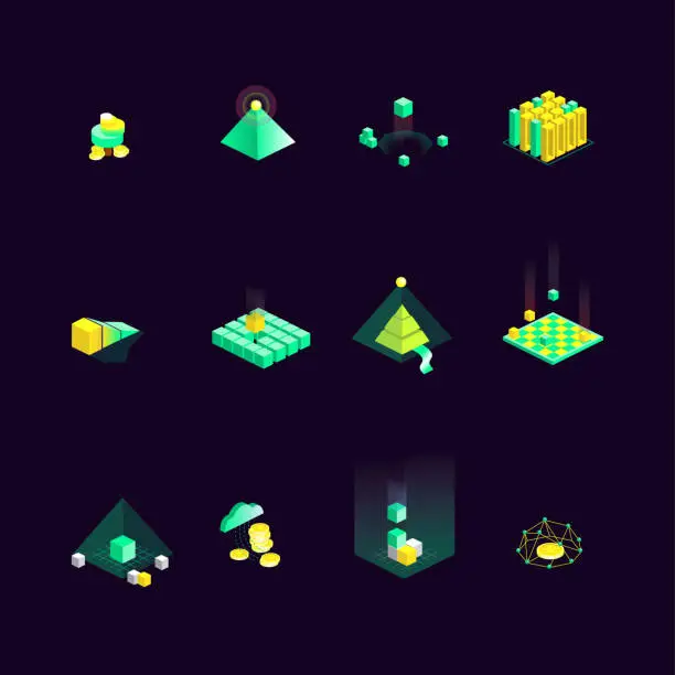 Vector illustration of Isometric Fintech Icon Set of 12 - Cryptocurrency Icons