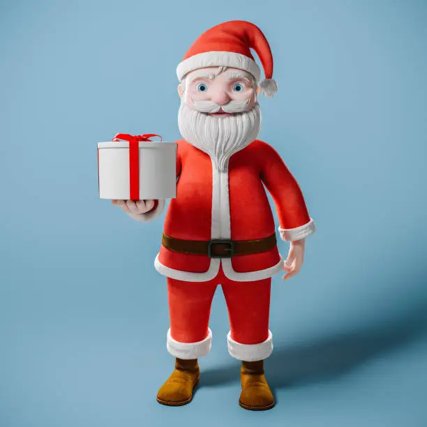 3d cartoon smiling Santa Claus character holding a gift box.