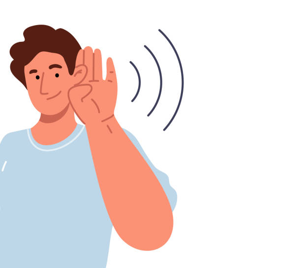 Deafness concept.The young man holds his hand near his ear. Deafness concept.The young man smiles and holds his hand near his ear. The guy listening or hearing intently.Vector flat illustration. listening stock illustrations