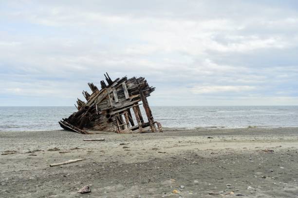 A photo of the pesuta shipwreck, a wooden shipwreck lying on a sandy beach, in Naikoon Provincial Park, Haida Gwaii, British Columbia, Canada. stock photo
