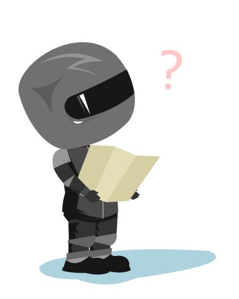 istock Motorcyclist in a black jacket and helmet. Biker uniform. Looks for a route on the map. Cartoon style. Funny character. Flat design. Isolated on background. Vector 1339347860