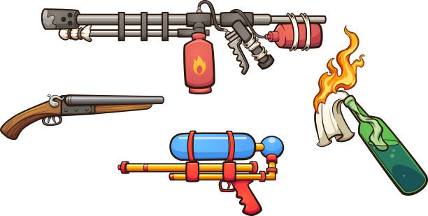 ilustrações de stock, clip art, desenhos animados e ícones de cartoon weapons - flamethrower