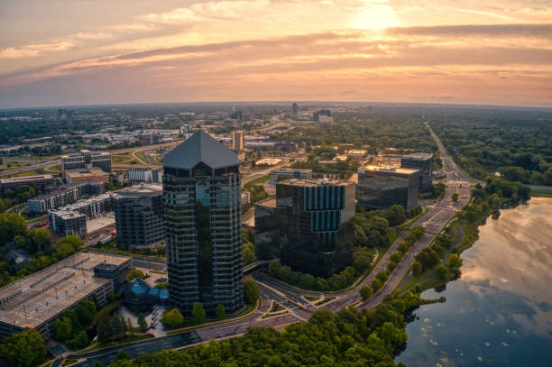 Aerial View of the Business District of Edina, Minnesota at Sunrise stock photo
