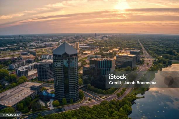 Aerial View Of The Business District Of Edina Minnesota At Sunrise Stock Photo - Download Image Now