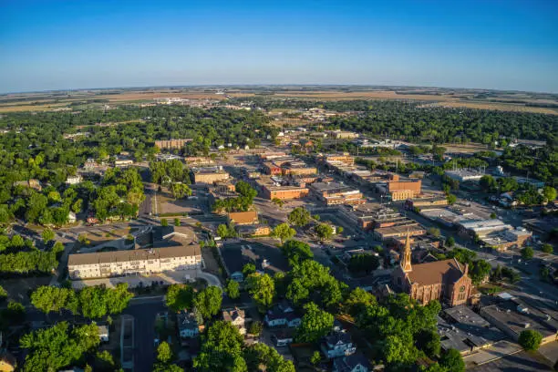 Aerial View of Downtown Marshall, Minnesota at dusk