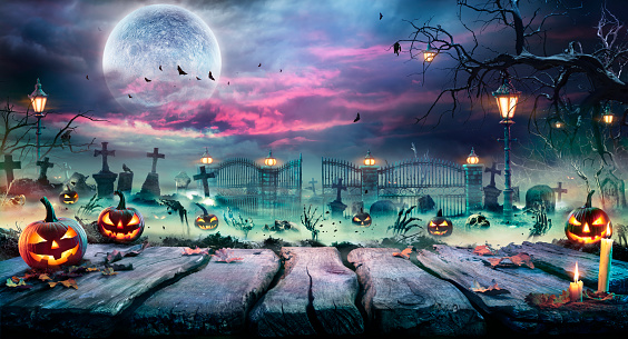 Halloween Party Card - Pumpkins And Skeleton In Cemetery At Moonlight