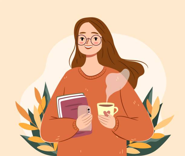 ilustrações de stock, clip art, desenhos animados e ícones de autumn girl with tea and books. isolated young woman in a sweater. cozy fall vector illustration - woman with glasses reading a book