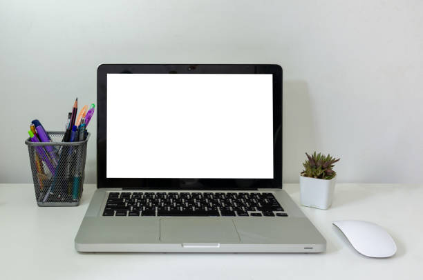 istock computer laptop mock up and mouse Cactus white blank screen on table. Used to advertise text on the computer screen. 1339361576