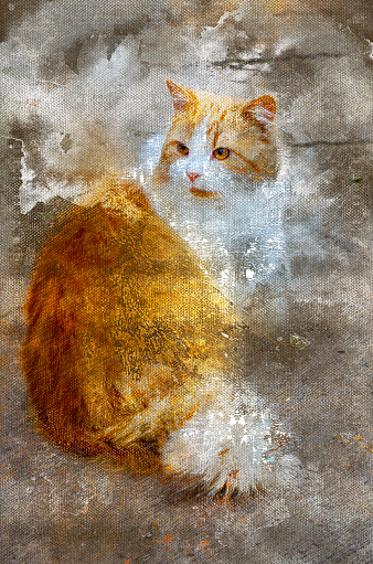 Beautiful cat sitting on gray concrete. Red and white cat with a big fluffy tail turns back. Pets. Digital watercolor painting