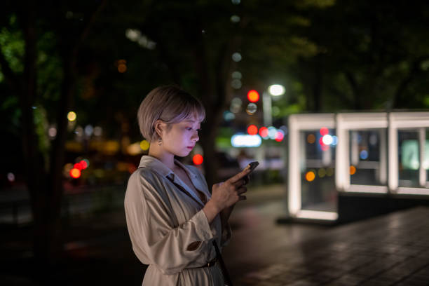 One Japanese woman walking in cities in Tokyo at sunset time and night.