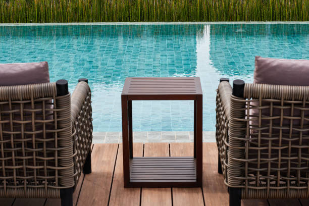 istock blur table and chairs in foreground view of swimming pool. 1339377078