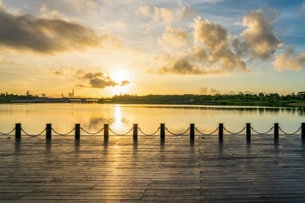 shot of sunrise over the lake in the early morning