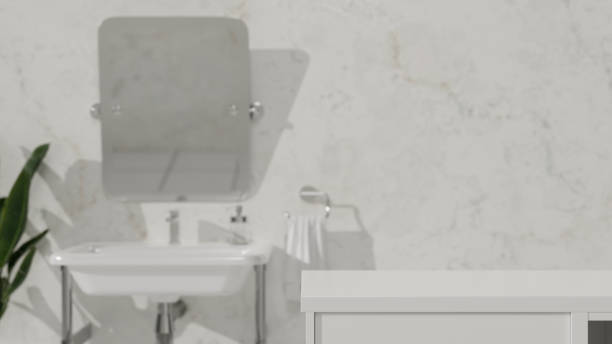 istock White table top for montage your product in modern loft bathroom interior, 3d rendering 1339378902