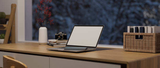 istock Modern home working space with big window, Laptop mockup, 3d rendering 1339386061