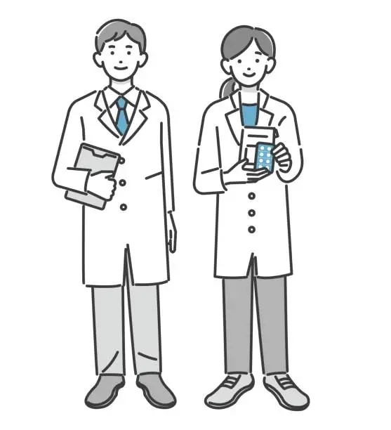 Vector illustration of Vector illustration of the whole body of a pharmacist wearing a lab coat and holding medicines and binders / doctor / medical worker