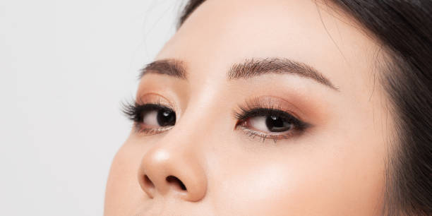 close up macro eye woman. closeup face asian woman perfect skin. - human eye eyebrow eyelash beauty imagens e fotografias de stock