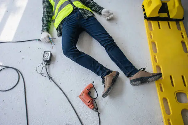 Accident electrocuted, Unconscious electrician worker lying on the floor with stretcher of paramedic team.