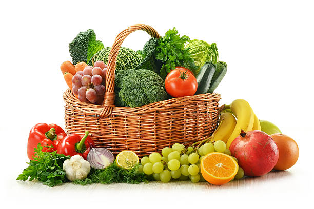 istock Composition with groceries and wicker basket isolated on white 133939580