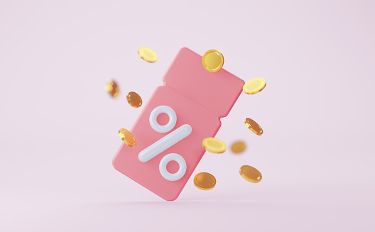 Pink coupon with coins. 3d Rendering