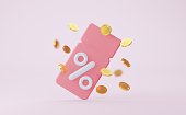Pink coupon with coins. 3d Rendering.