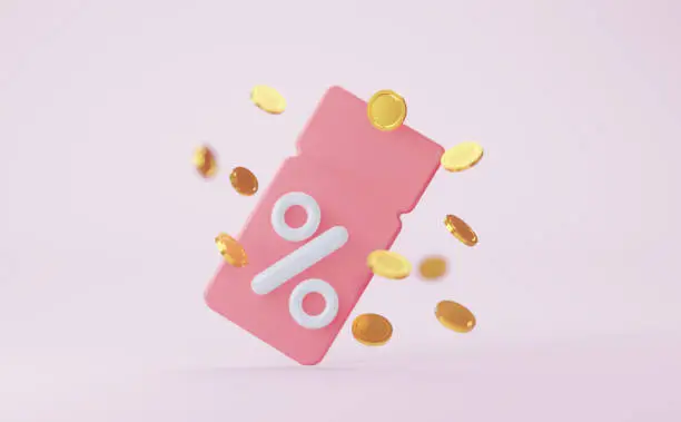 Photo of Pink coupon with coins. 3d Rendering.