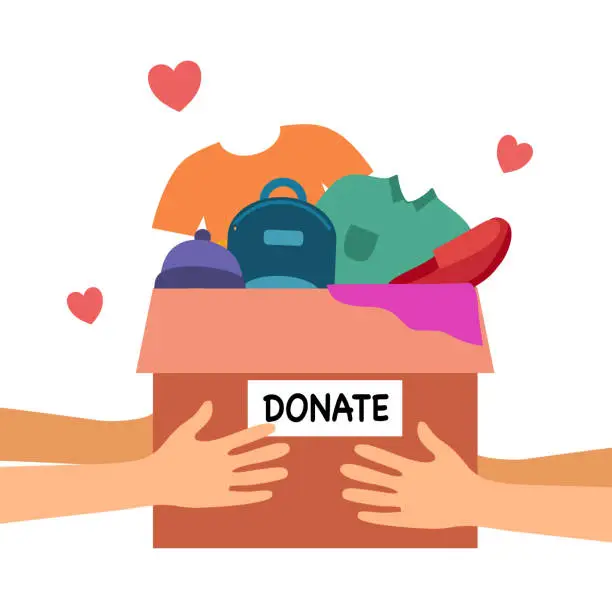 Vector illustration of Sharing clothes to people. Clothes donation concept. Woman hand holding box full of clothes and accessories in flat design vector illustration on white background. Time for charity.