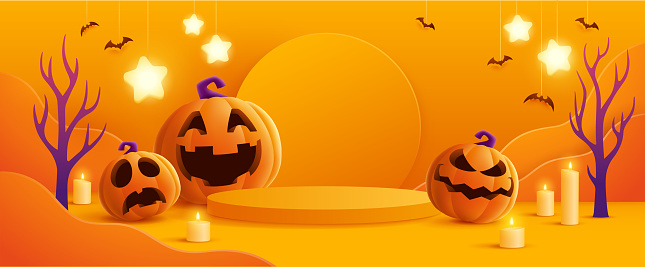 Halloween orange theme product display podium on paper graphic background with group of 3D illustration Jack O Lantern pumpkin and candle light.