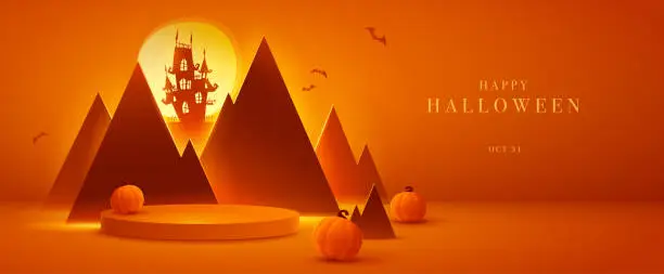 Vector illustration of Halloween mountain castle paper art style on 3D illustration orange theme product display background with luxury high end look.