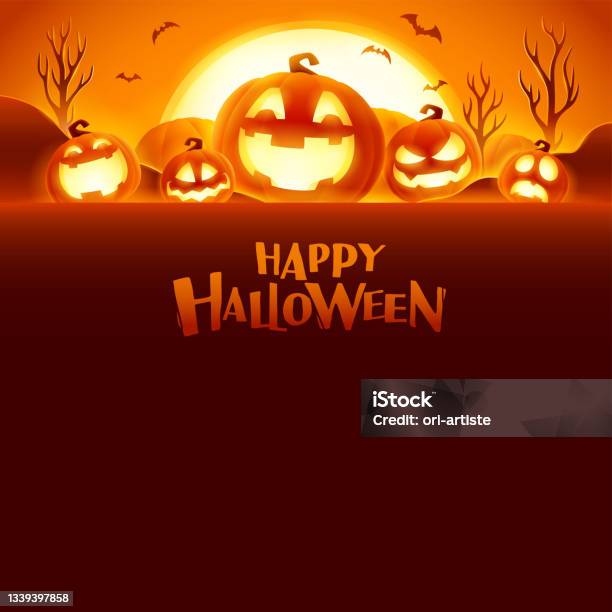 Felice Halloween Festa Di Jack O Lantern Patch Di Zucca Di Halloween Al Chiaro Di Luna Ampio Spazio Di Copia Per Il Design - Immagini vettoriali stock e altre immagini di Halloween