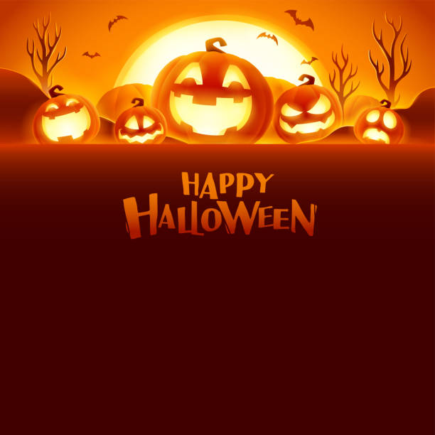 ilustrações de stock, clip art, desenhos animados e ícones de happy halloween. jack o lantern party. halloween pumpkin patch in the moonlight. wide copy space for design. - halloween