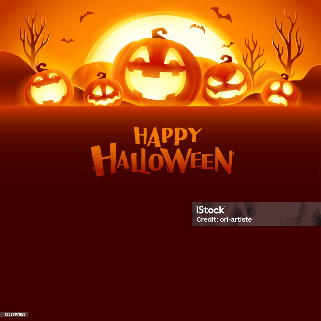 Happy Halloween. Jack O Lantern party. Halloween pumpkin patch in the moonlight. Wide copy space for design. - Royalty-free Cadılar Bayramı Vector Art