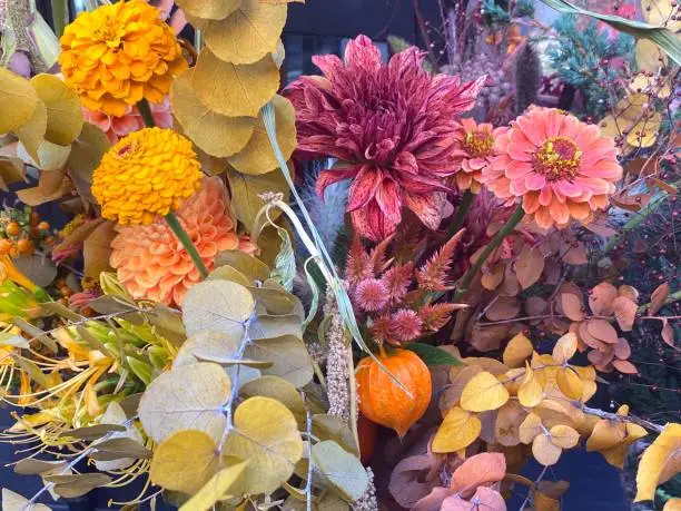 Photo of Autumn beautiful bouquet of chrysanthemums, gerberas, zinnia, physalis, dry herbs and tree leaves. Beautiful autumn flower arrangement in yellow-orange colors.