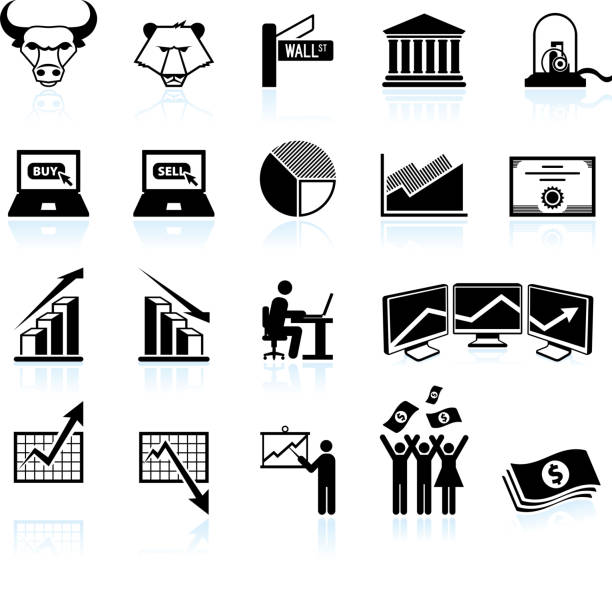 wall street and stock market black & white icon set wall street and stock market black & white icon set ticker tape stock illustrations