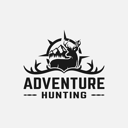 Deer Antler Compass Mountain for Adventure Outdoor Hiking Camping Hunting Sport Gear Business Brand Community Club Classic Unique Hipster Retro Rustic Vintage Silhouette Badge  Design Template.