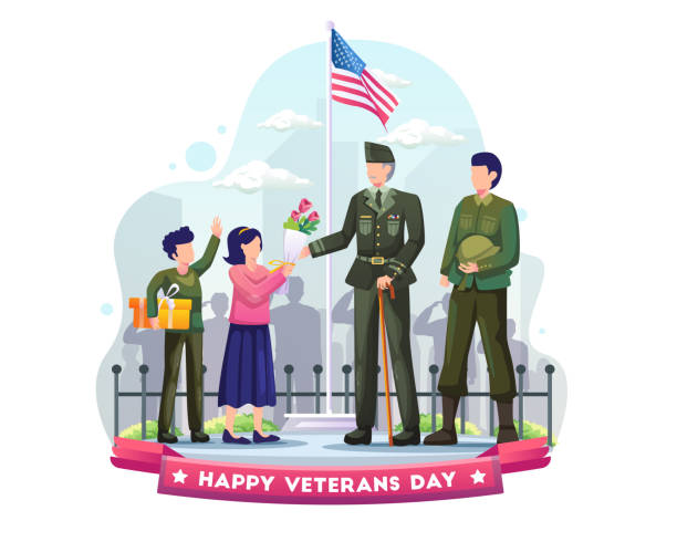 dzieci dają prezenty i kwiaty weteranom armii w mundurach wojskowych jako znak salutu i szacunku w dniu weteranów. płaska ilustracja wektorowa - saluting armed forces military us veterans day stock illustrations