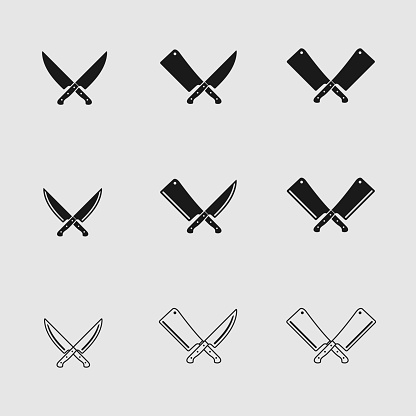 Set of Crossed Butcher Chef Meat Knives Knife Cleaver Logo Design Template. Suitable for Adventure Hunting Butchery Deli Restaurant Business Bistro Shop in Retro Vintage Hipster Silhouette Style.